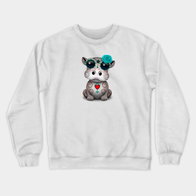 Blue Day of the Dead Baby Hippo Crewneck Sweatshirt by jeffbartels